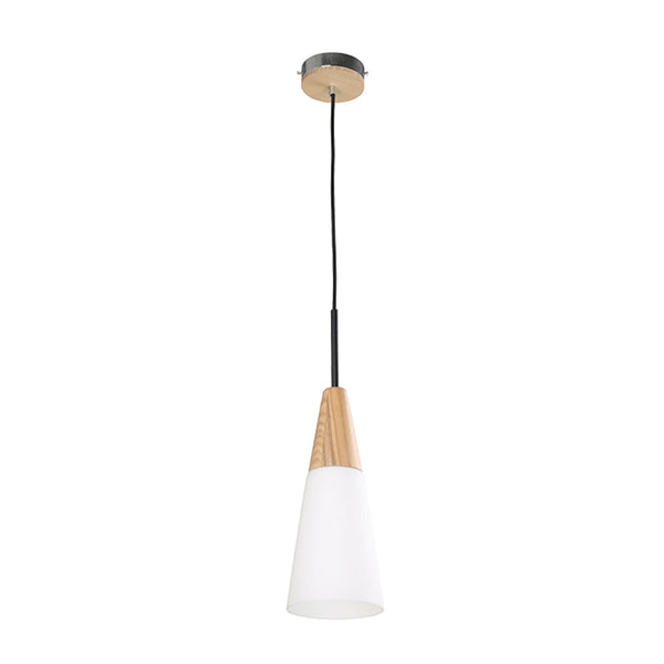 Finn 1 Light Pendant Blonde Wood With Opal Glass Long Cone - FINN1